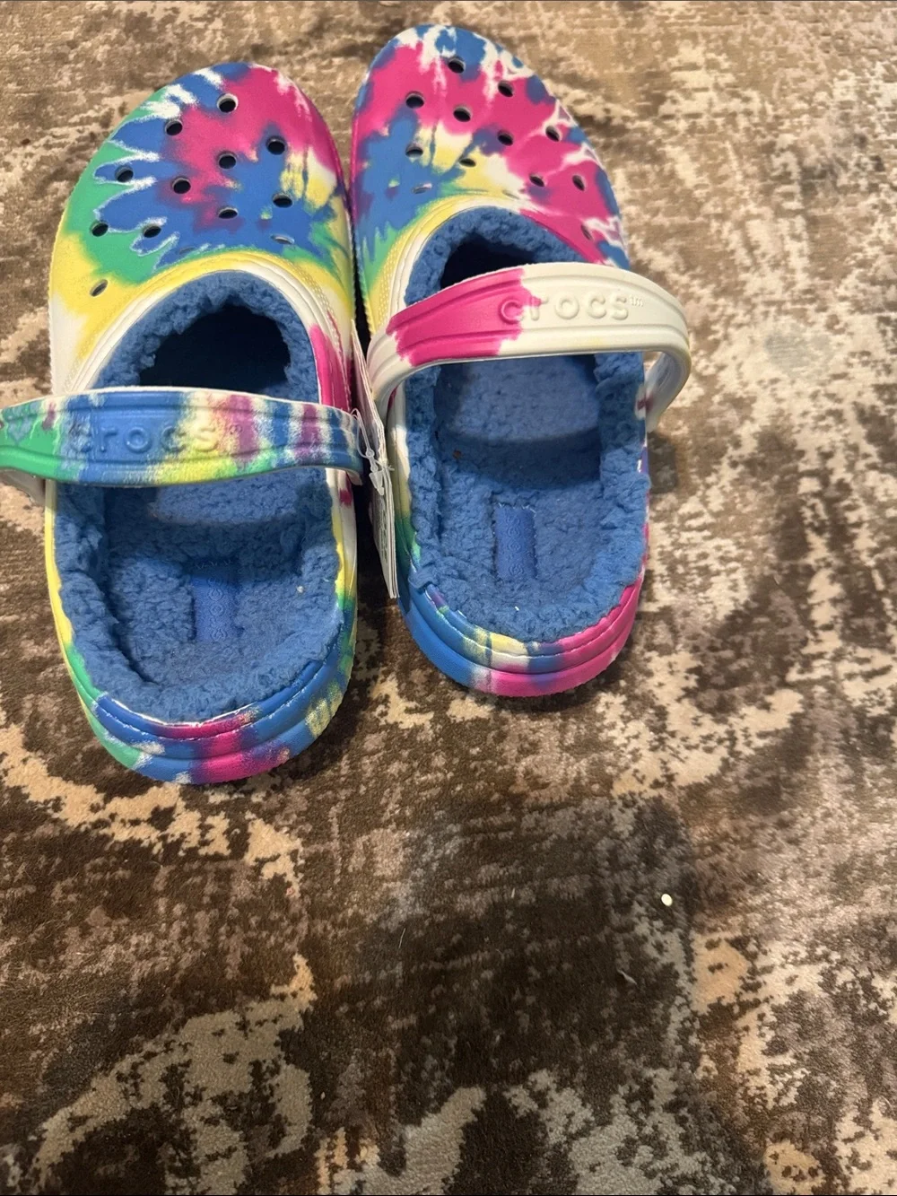 CROCS Kids Tie-Dye Clog with Plush Lining in Blue, Pink, Yellow, Green